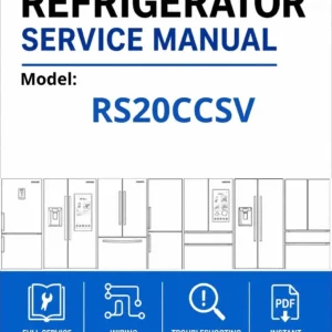 Samsung rs20ccsv service manual cover with model code and showing a line drawing of the refrigerator