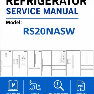 Samsung rs20nasw service manual cover with model code and showing a line drawing of the refrigerator