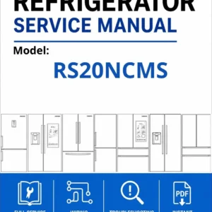 Samsung rs20ncms service manual cover with model code and showing a line drawing of the refrigerator