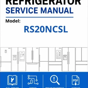 Samsung rs20ncsl service manual cover with model code and showing a line drawing of the refrigerator