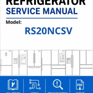 Samsung rs20ncsv service manual cover with model code and showing a line drawing of the refrigerator