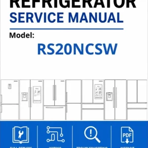Samsung rs20ncsw service manual cover with model code and showing a line drawing of the refrigerator