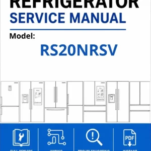 Samsung rs20nrsv service manual cover with model code and showing a line drawing of the refrigerator
