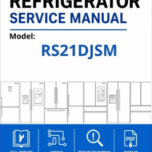 Samsung rs21djsm service manual cover with model code and showing a line drawing of the refrigerator