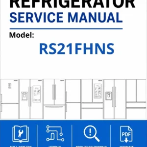 Samsung rs21fhns service manual cover with model code and showing a line drawing of the refrigerator