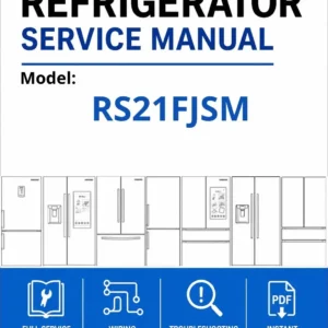 Samsung rs21fjsm service manual cover with model code and showing a line drawing of the refrigerator