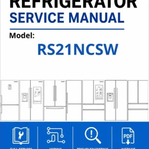 Samsung rs21ncsw service manual cover with model code and showing a line drawing of the refrigerator