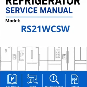 Samsung rs21wcsw service manual cover with model code and showing a line drawing of the refrigerator