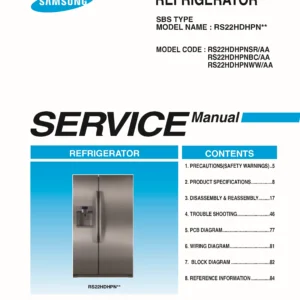 Samsung rs22hdhpnww rs22hdhpnbc rs22hdhpnsr service manual cover with model code and showing a line drawing of the refrigerator