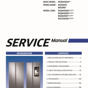 Samsung rs23a500a rs23a500asr service manual cover with model code and showing a line drawing of the refrigerator