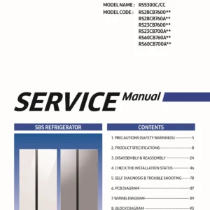 Samsung rs23cb7600ql rs23cb700a7ged rs23cb700a7gap service manual cover with model code and showing a line drawing of the refrigerator