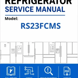 Samsung rs23fcms service manual cover with model code and showing a line drawing of the refrigerator
