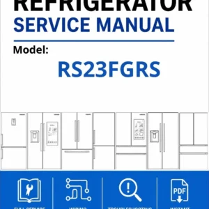 Samsung rs23fgrs service manual cover with model code and showing a line drawing of the refrigerator