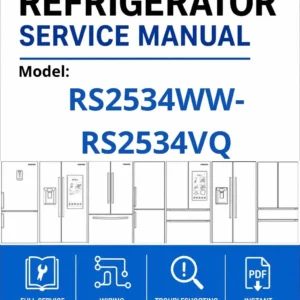 Samsung rs2534ww rs2534vq service manual cover with model code and showing a line drawing of the refrigerator