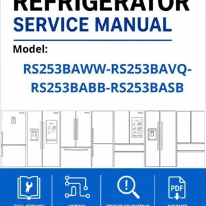 Samsung rs253baww rs253bavq rs253babb rs253basb service manual cover with model code and showing a line drawing of the refrigerator