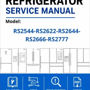 Samsung rs2544 rs2622 rs2644 rs2666 rs2777 service manual cover with model code and showing a line drawing of the refrigerator