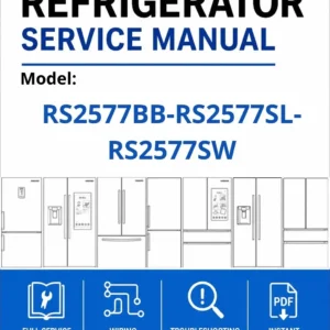 Samsung rs2577bb rs2577sl rs2577sw service manual cover with model code and showing a line drawing of the refrigerator