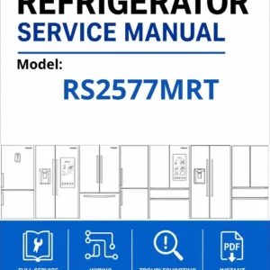 Samsung rs2577mrt service manual cover with model code and showing a line drawing of the refrigerator