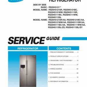 Samsung rs25h5111sr rs25h5111bc rs25h5111ww service manual cover with model code and showing a line drawing of the refrigerator