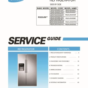 Samsung rs25j500dbc rs25j500dww rs25j500dsr rs25j5008sp service manual cover with model code and showing a line drawing of the refrigerator