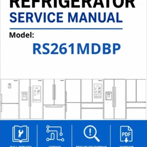 Samsung rs261mdbp service manual cover with model code and showing a line drawing of the refrigerator