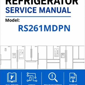 Samsung rs261mdpn service manual cover with model code and showing a line drawing of the refrigerator