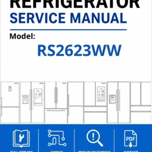 Samsung rs2623ww service manual cover with model code and showing a line drawing of the refrigerator