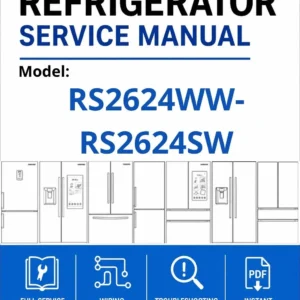 Samsung rs2624ww rs2624sw service manual cover with model code and showing a line drawing of the refrigerator