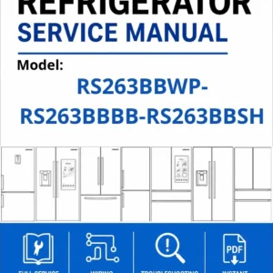 Samsung rs263bbwp rs263bbbb rs263bbsh service manual cover with model code and showing a line drawing of the refrigerator
