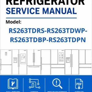 Samsung rs263tdrs rs263tdwp rs263tdbp rs263tdpn service manual cover with model code and showing a line drawing of the refrigerator