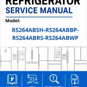 Samsung rs264absh rs264abbp rs264abrs rs264abwp service manual cover with model code and showing a line drawing of the refrigerator