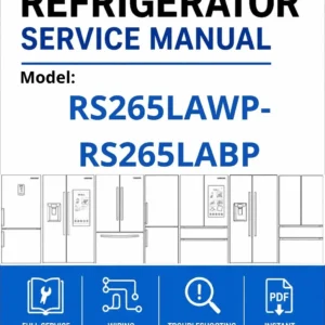 Samsung rs265lawp rs265labp service manual cover with model code and showing a line drawing of the refrigerator