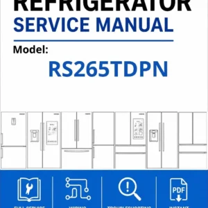 Samsung rs265tdpn service manual cover with model code and showing a line drawing of the refrigerator