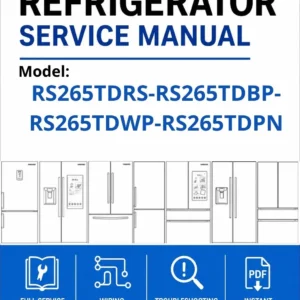 Samsung rs265tdrs rs265tdbp rs265tdwp rs265tdpn service manual cover with model code and showing a line drawing of the refrigerator
