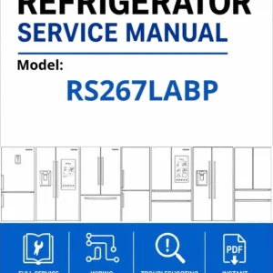Samsung rs267labp service manual cover with model code and showing a line drawing of the refrigerator