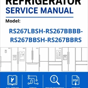 Samsung rs267lbsh rs267bbbb rs267bbsh rs267bbrs service manual cover with model code and showing a line drawing of the refrigerator