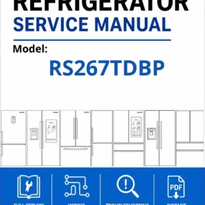 Samsung rs267tdbp service manual cover with model code and showing a line drawing of the refrigerator