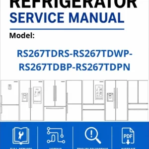 Samsung rs267tdrs rs267tdwp rs267tdbp rs267tdpn service manual cover with model code and showing a line drawing of the refrigerator
