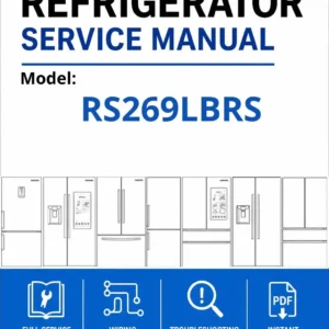 Samsung rs269lbrs service manual cover with model code and showing a line drawing of the refrigerator