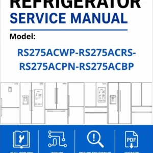 Samsung rs275acwp rs275acrs rs275acpn rs275acbp service manual cover with model code and showing a line drawing of the refrigerator