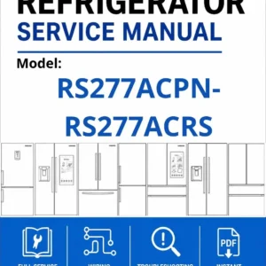 Samsung rs277acpn rs277acrs service manual cover with model code and showing a line drawing of the refrigerator