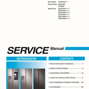 Samsung rs27t5561s9 rs27t5561sr rs27t5561sg service manual cover with model code and showing a line drawing of the refrigerator