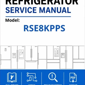 Samsung rse8kpps service manual cover with model code and showing a line drawing of the refrigerator
