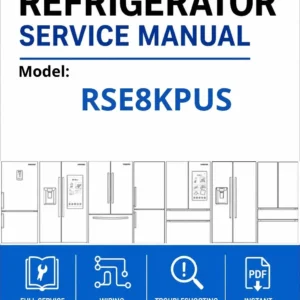 Samsung rse8kpus service manual cover with model code and showing a line drawing of the refrigerator