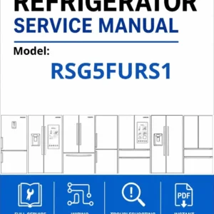 Samsung rsg5furs1 service manual cover with model code and showing a line drawing of the refrigerator
