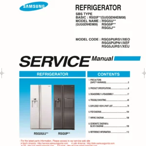 Samsung rsg5jurs1 service manual cover with model code and showing a line drawing of the refrigerator