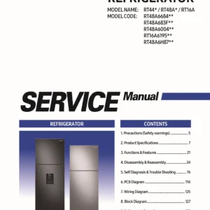 Samsung rt16a6195 rt16a6195sr service manual cover with model code and showing a line drawing of the refrigerator