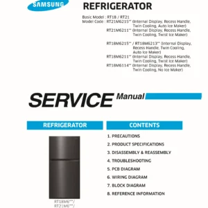 Samsung rt18m6211 rt21m6211 rt18m6213 rt18m6114 rt21m6215 service manual cover with model code and showing a line drawing of the refrigerator