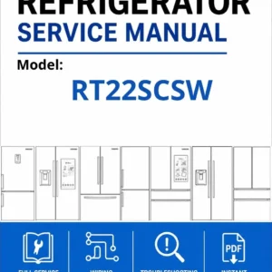 Samsung rt22scsw service manual cover with model code and showing a line drawing of the refrigerator