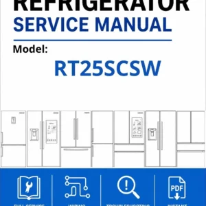 Samsung rt25scsw service manual cover with model code and showing a line drawing of the refrigerator